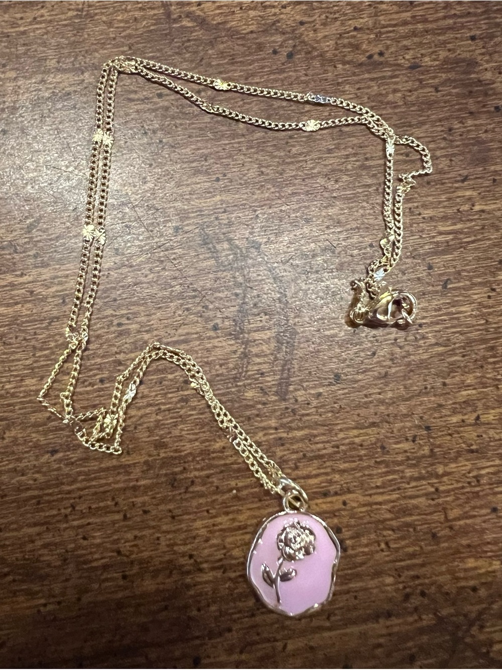Gold-Tone Necklace with Pink Enamel Rose Medallion